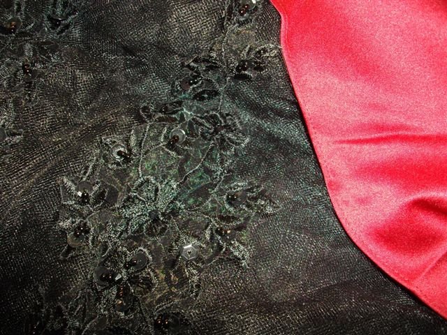 Red gown with black applique